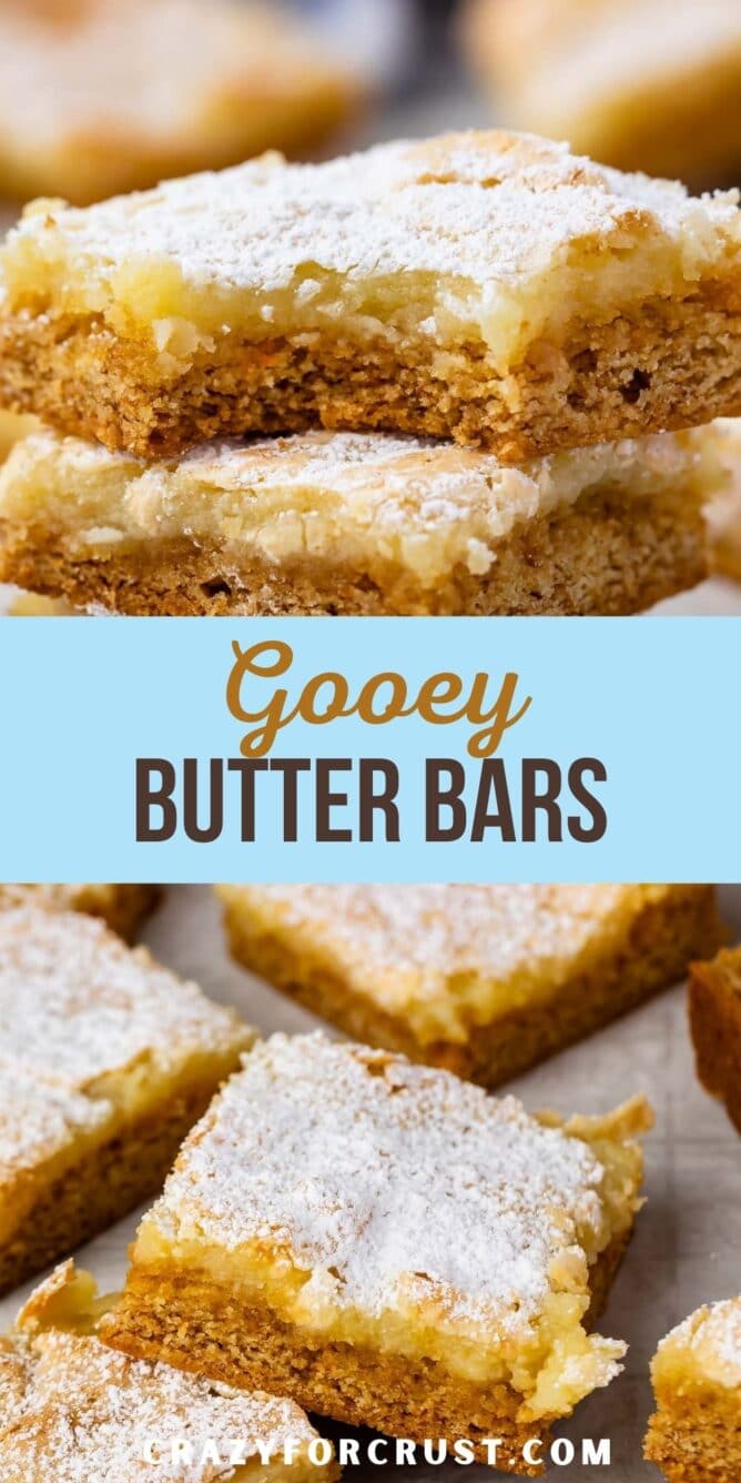 photo of gooey cake bars with bite missing and photo bars on parchment