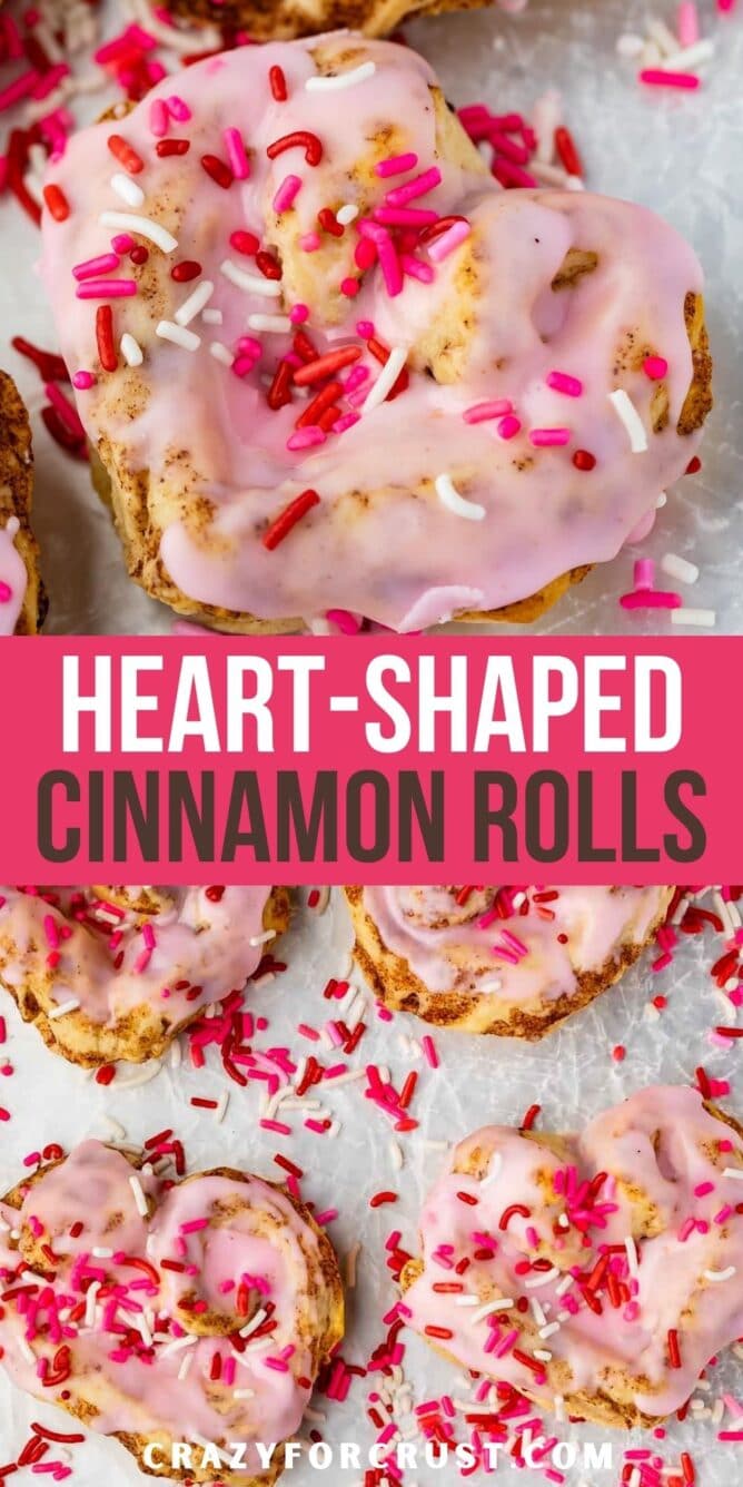 heart shaped cinnamon roll with pink icing and sprinkles