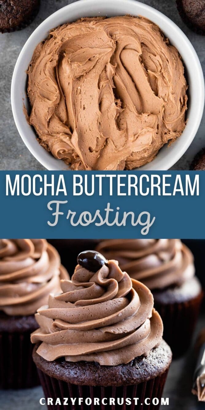 Collage of mocha frosting photos with recipe title in the middle of the photos