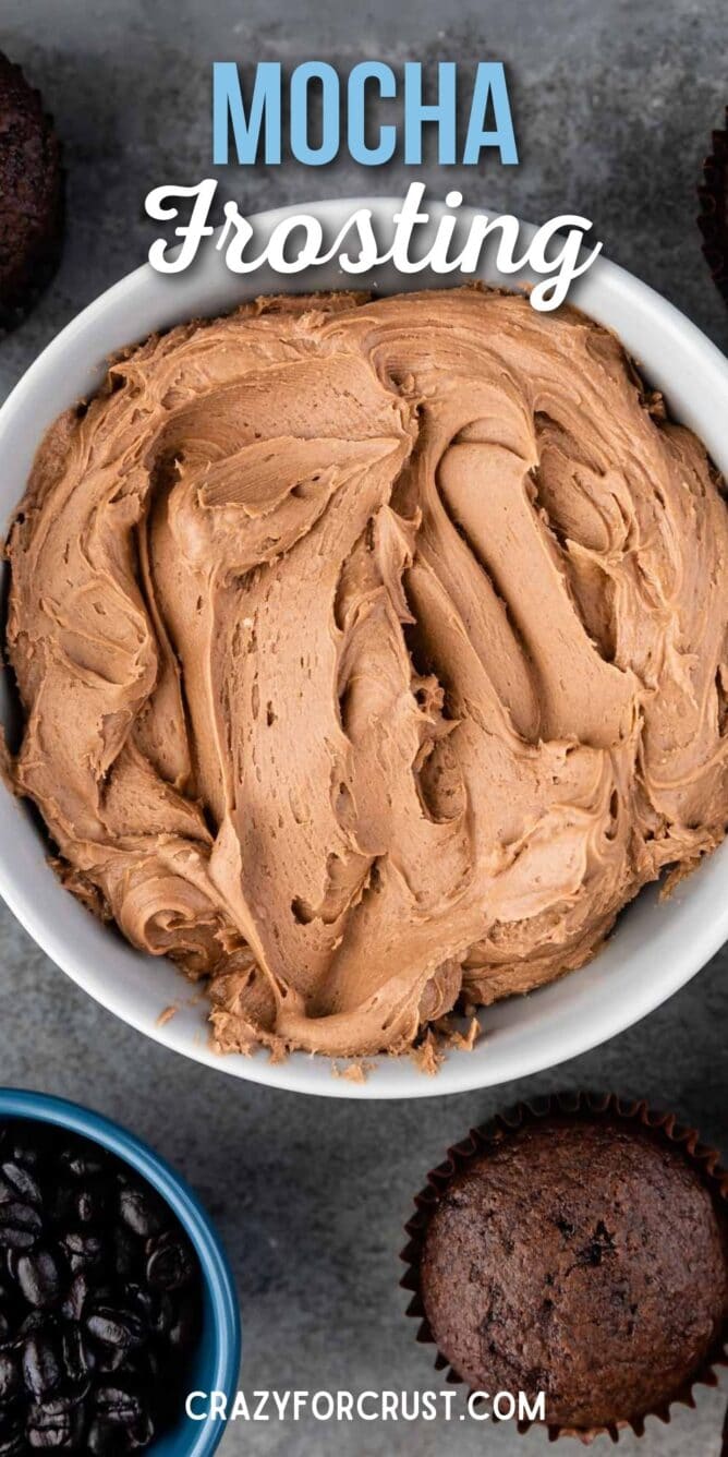 Overhead shot of mocha frosting in a ramekin surrounded by chocolate cupcakes with recipe title on top of photo