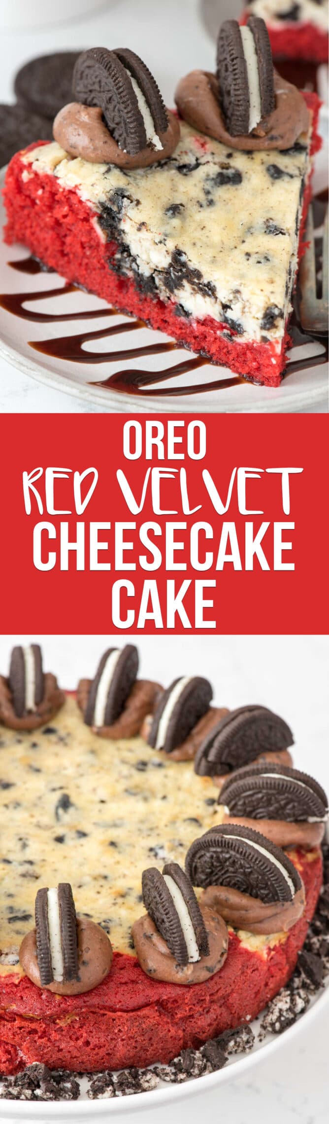 Photo collage of Oreo Red Velvet Cheesecake with recipe title in the middle of two photos