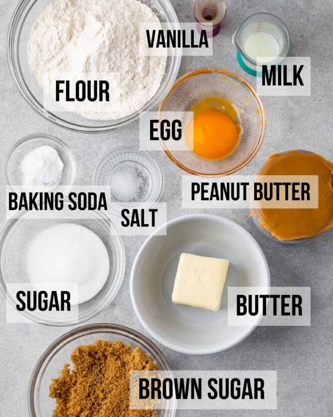 Overhead shot of all the ingredients needed to make small batch peanut butter cookies