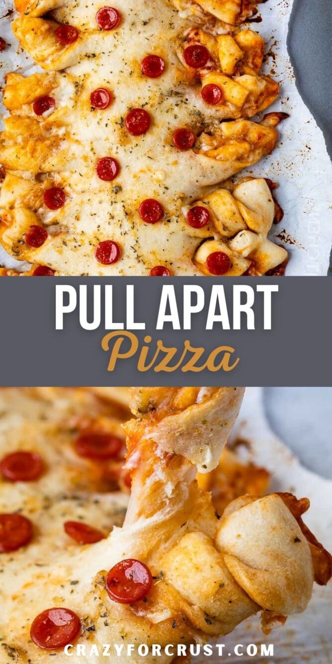 Photo collage of pull apart pizza with recipe title in the middle of two photos