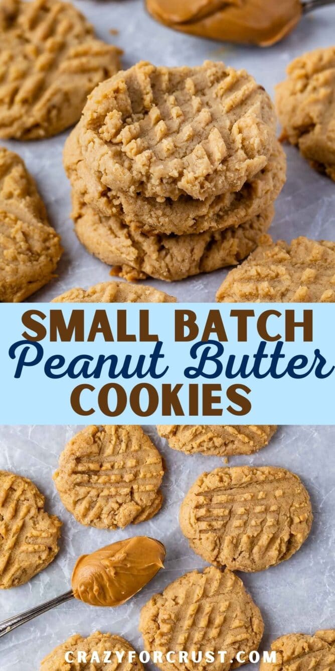 Photo collage of small batch peanut butter cookies with recipe title in the middle of two photos