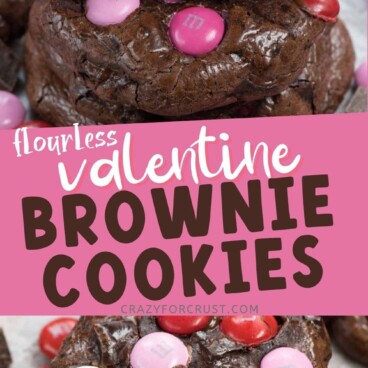 Photo collage of valentine brownie cookies with recipe title in the middle of two photos