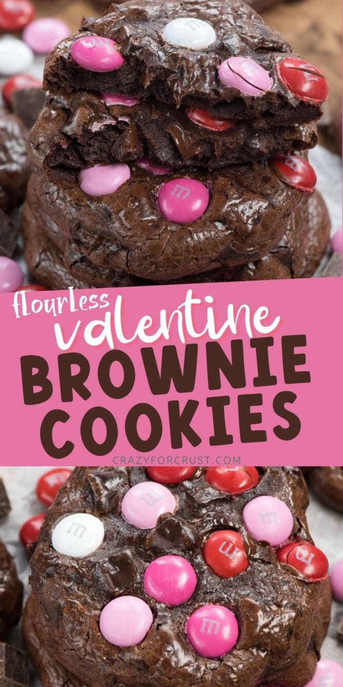 Photo collage of valentine brownie cookies with recipe title in the middle of two photos
