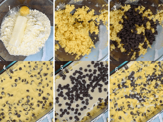 Overhead shot of six photos showing the process of making chocolate chip gooey cake bars