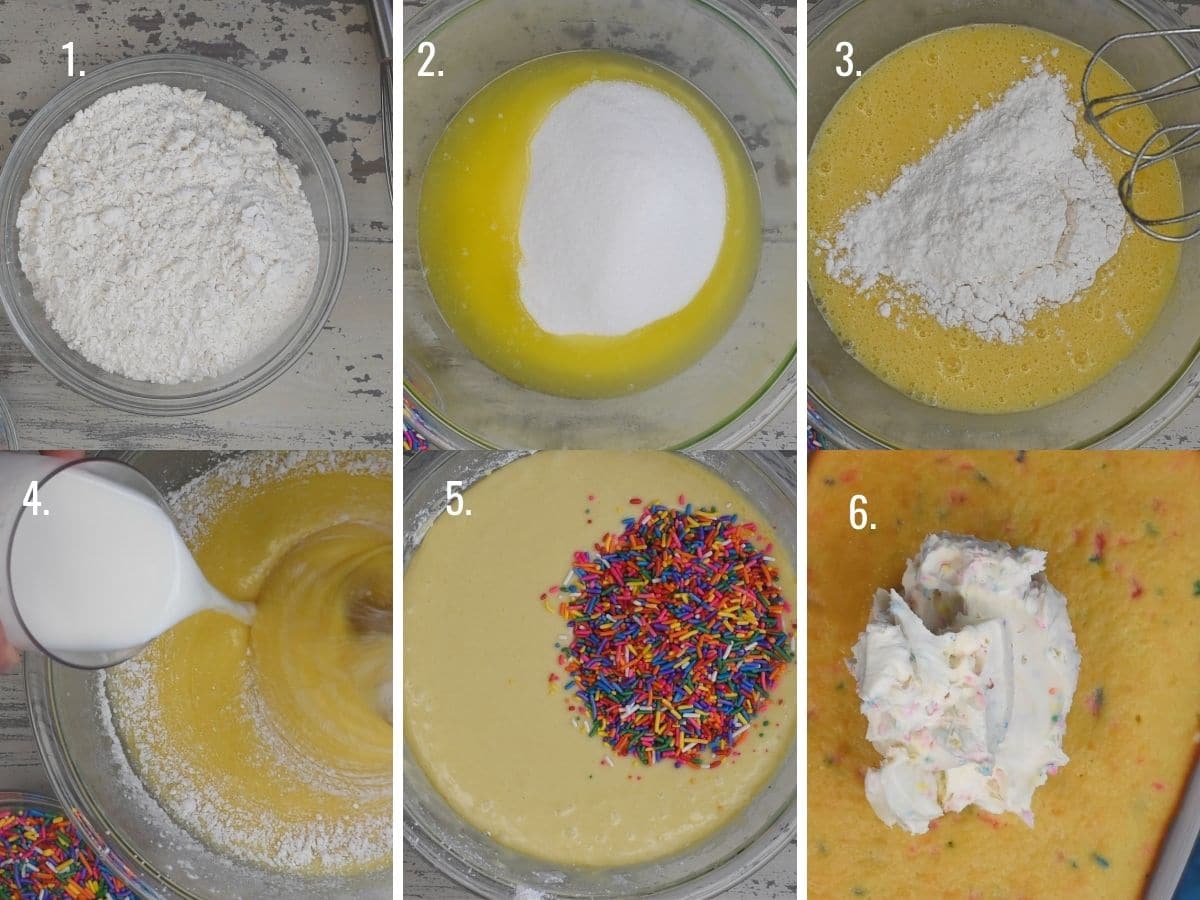 Overhead shot of 6 photos showing the process of making homemade funfetti cake
