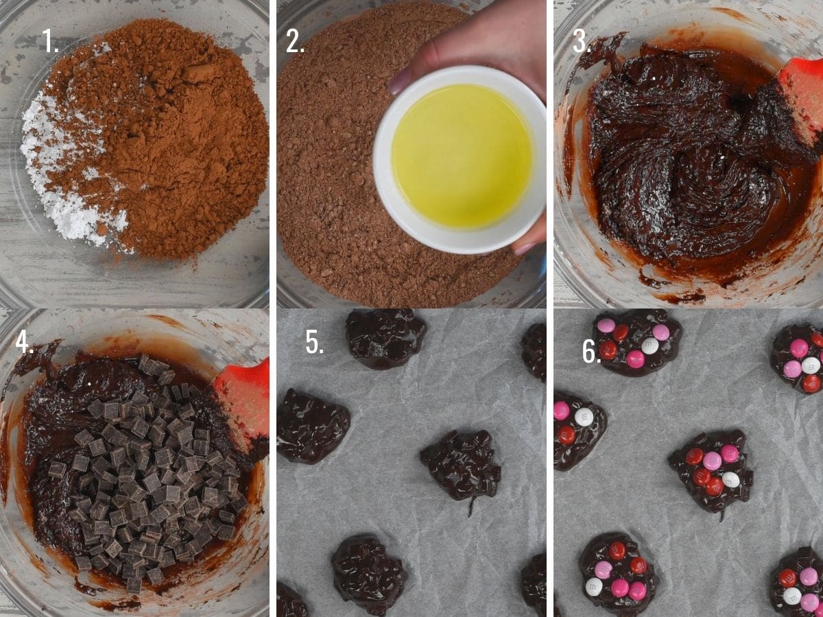 Overhead shot of six photos showing the process of making valentine brownie cookies