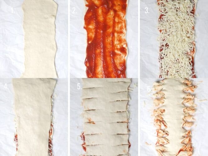 Six overhead photos showing the process of making pull apart pizza
