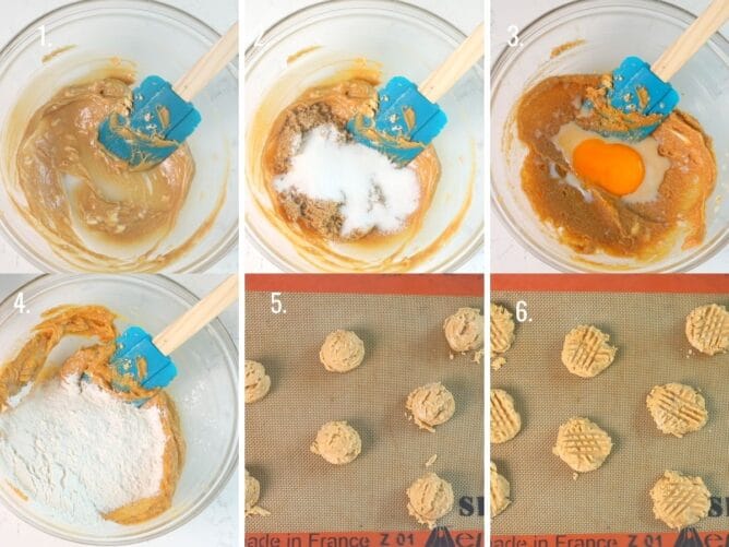 Overhead shot of six photos showing the process of making small batch peanut butter cookies