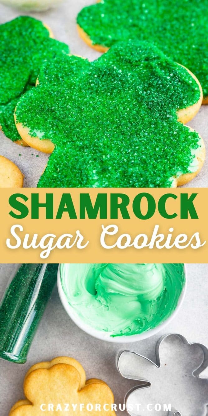 Photo collage of shamrock sugar cookies with recipe title in the middle of two photos