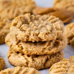 Close up side shot of small batch peanut butter cookies stacked on top of each other
