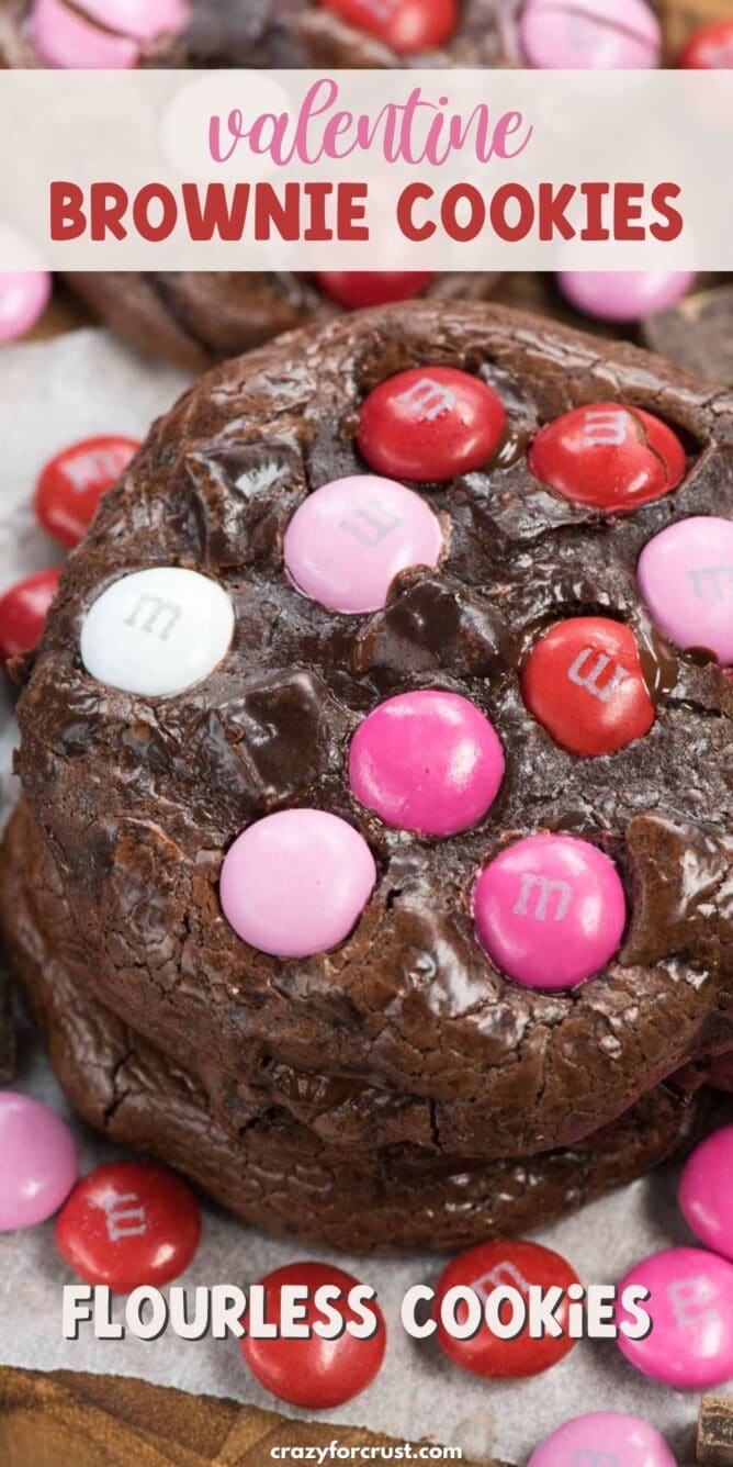 Close up overhead shot of one valentine brownie cookie with recipe title on top of image