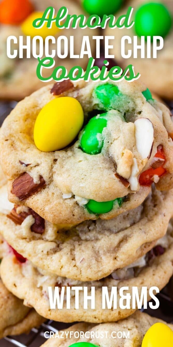 Stack of almond chocolate chip cookies with recipe title on top of image