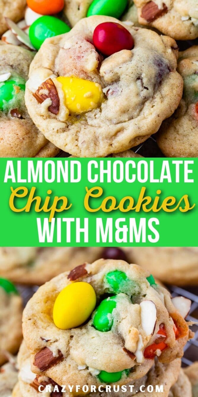 Photo collage of almond chocolate chip cookies with recipe title in the middle of two photos