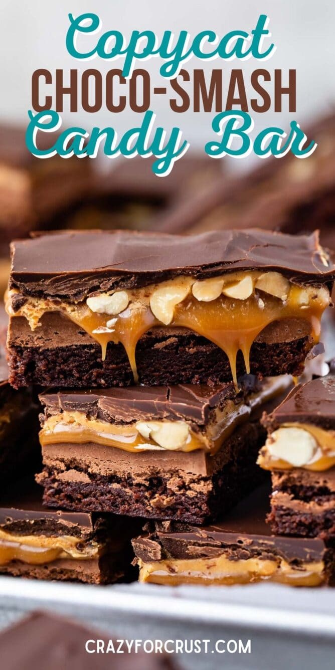 Stack of Snickers Brownies on a plate with recipe title on top of image