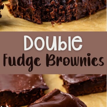 Collage of double fudge brownies with recipe title in the middle of two photos