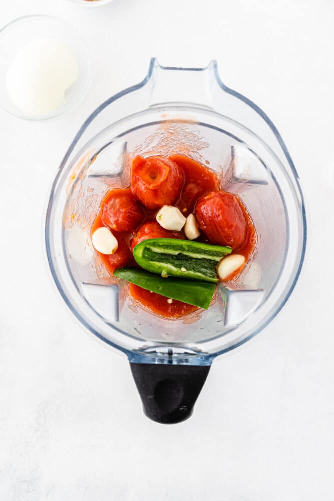 Overhead shot of all ingredients in a blender before being made into salsa