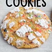 Three funfetti crackle cookies with recipe title on top of image