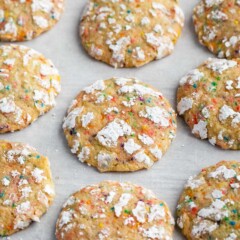 Overhead shot of funfetti crackle cookies on parchment paper