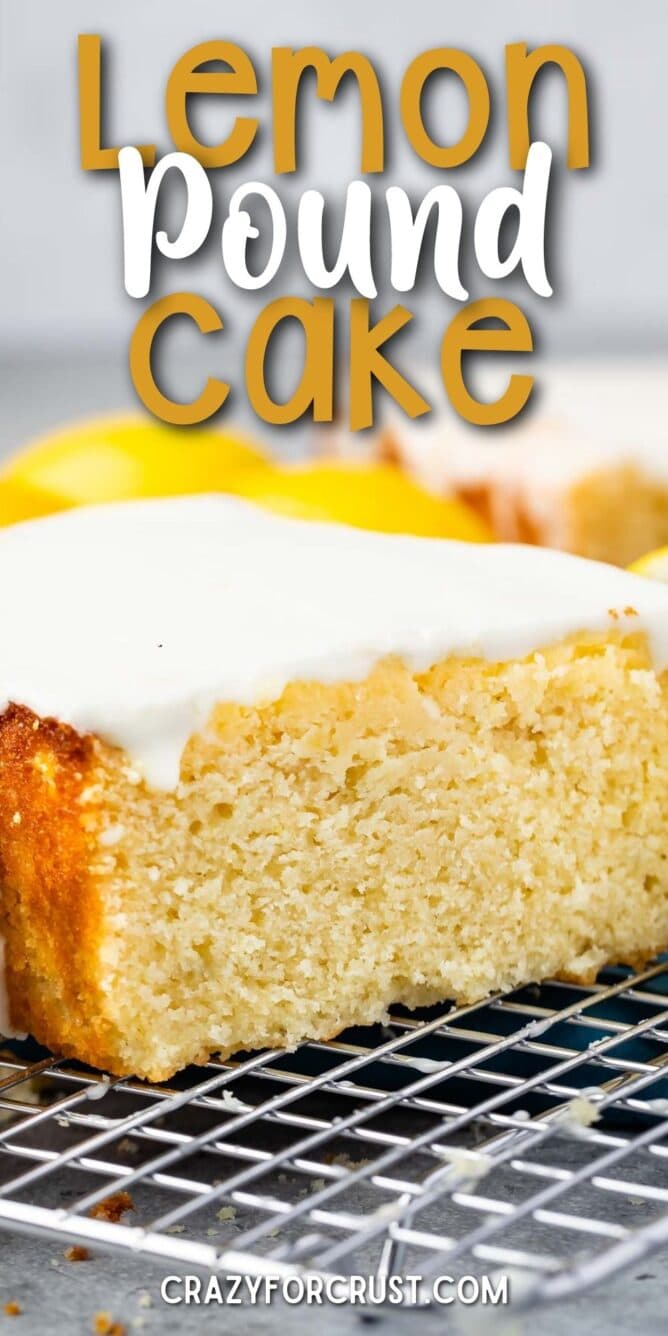 Lemon pound cake topped with glaze on a metal wire rack with recipe title on top of image