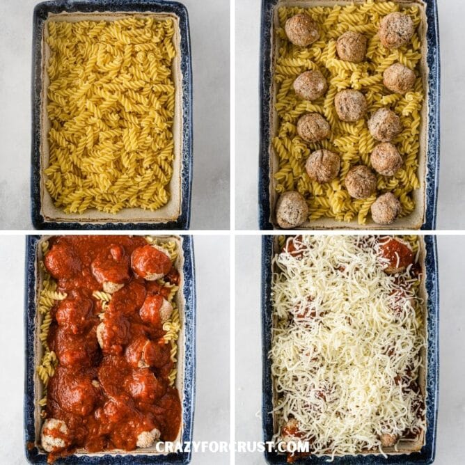 Four photos showing the process of building a meatball casserole