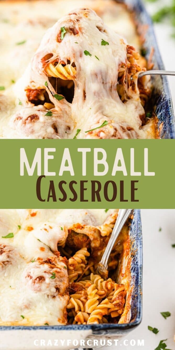 Photo collage of meatball casserole with recipe title in the middle of two photos