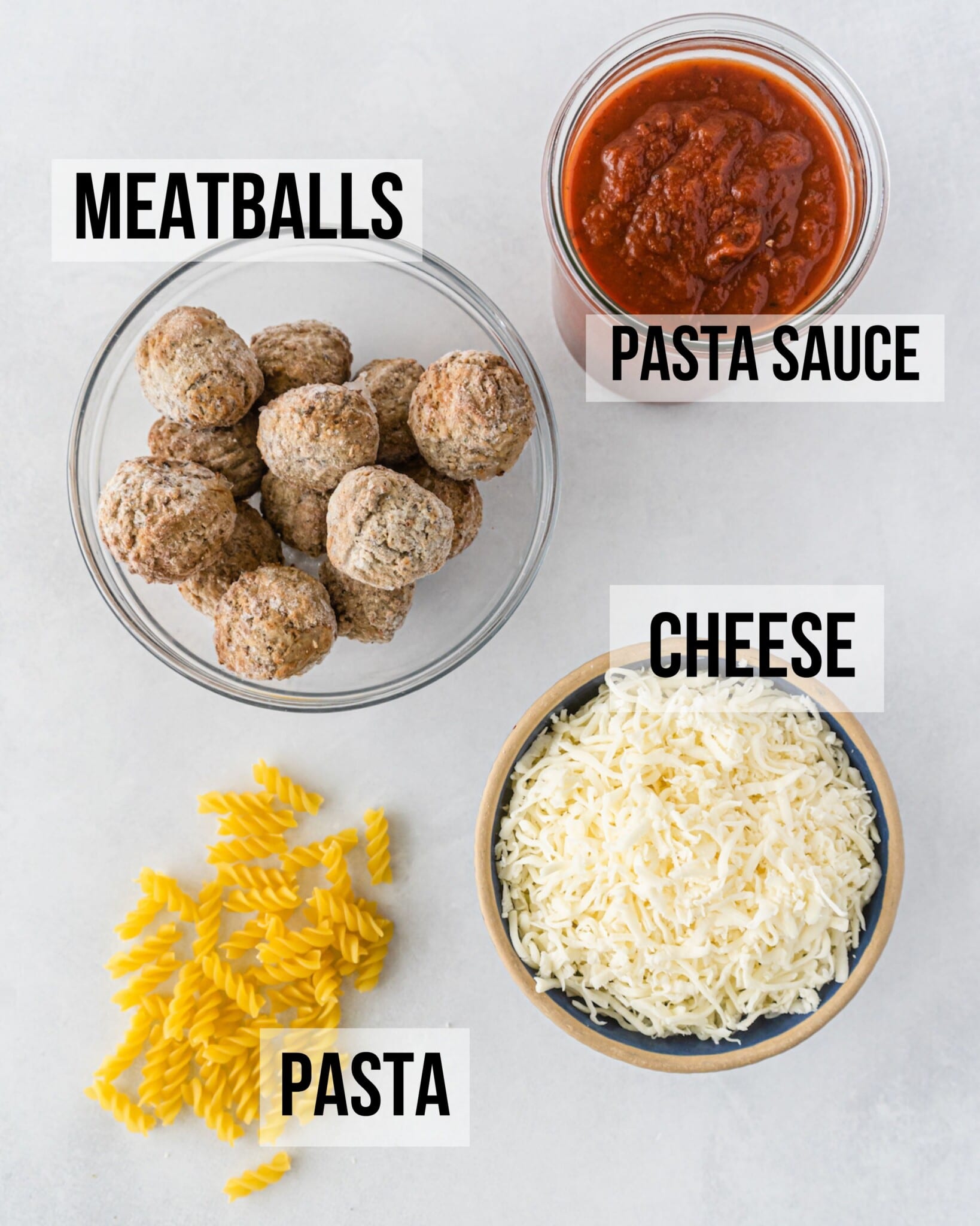 Overhead shot of the four ingredients needed to make meatball casserole