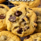Close up overhead shot of chocolate chip orange cookies with recipe title on top of image