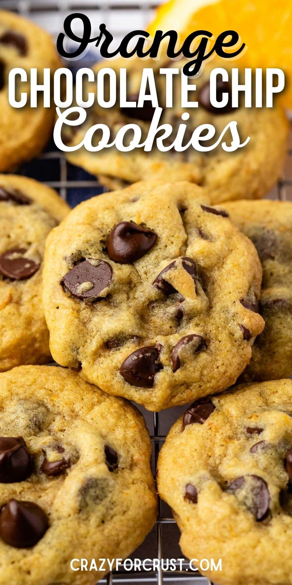 Close up overhead shot of chocolate chip orange cookies with recipe title on top of image