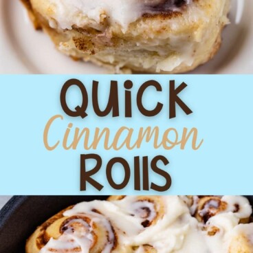 collage of cinnamon roll on plate and cinnamon rolls in pan with one missing