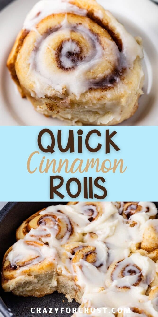 collage of cinnamon roll on plate and cinnamon rolls in pan with one missing