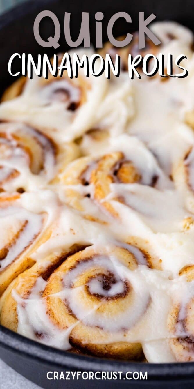 cinnamon rolls in pan with words on photo