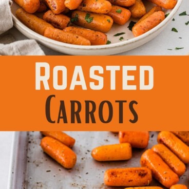 Roasted carrots collage with recipe title in the middle of two photos
