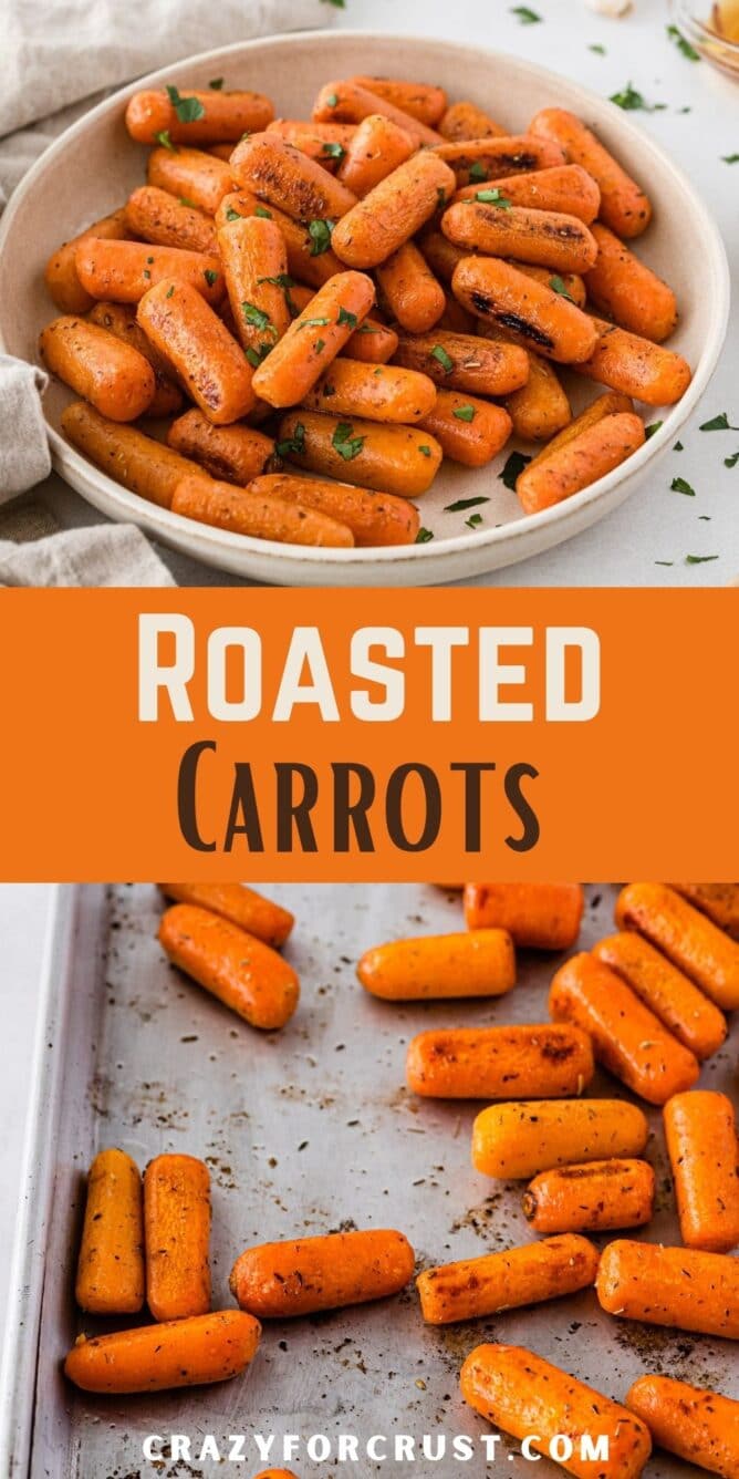Roasted carrots collage with recipe title in the middle of two photos