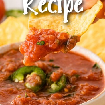 Chip being dipped into a bowl of easy salsa with recipe title on top of image
