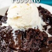 plate with pudding and ice cream and words on photo