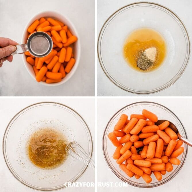 Four overhead shots showing the process of coating roasted carrots with honey mixture