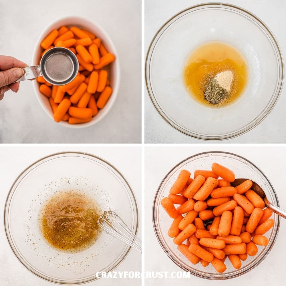 Four overhead shots showing the process of coating carrots with honey mixture