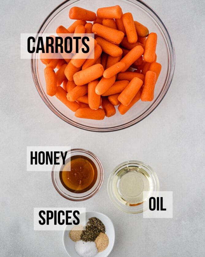 Overhead shot of all ingredients needed to make roasted carrots