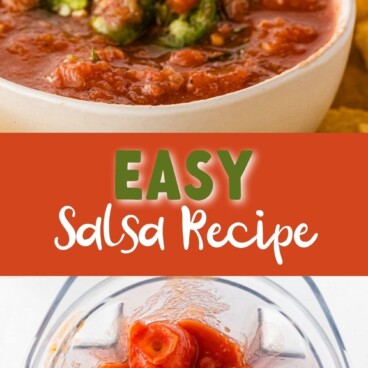 Photo collage of easy salsa recipe with recipe title in the middle of two photos