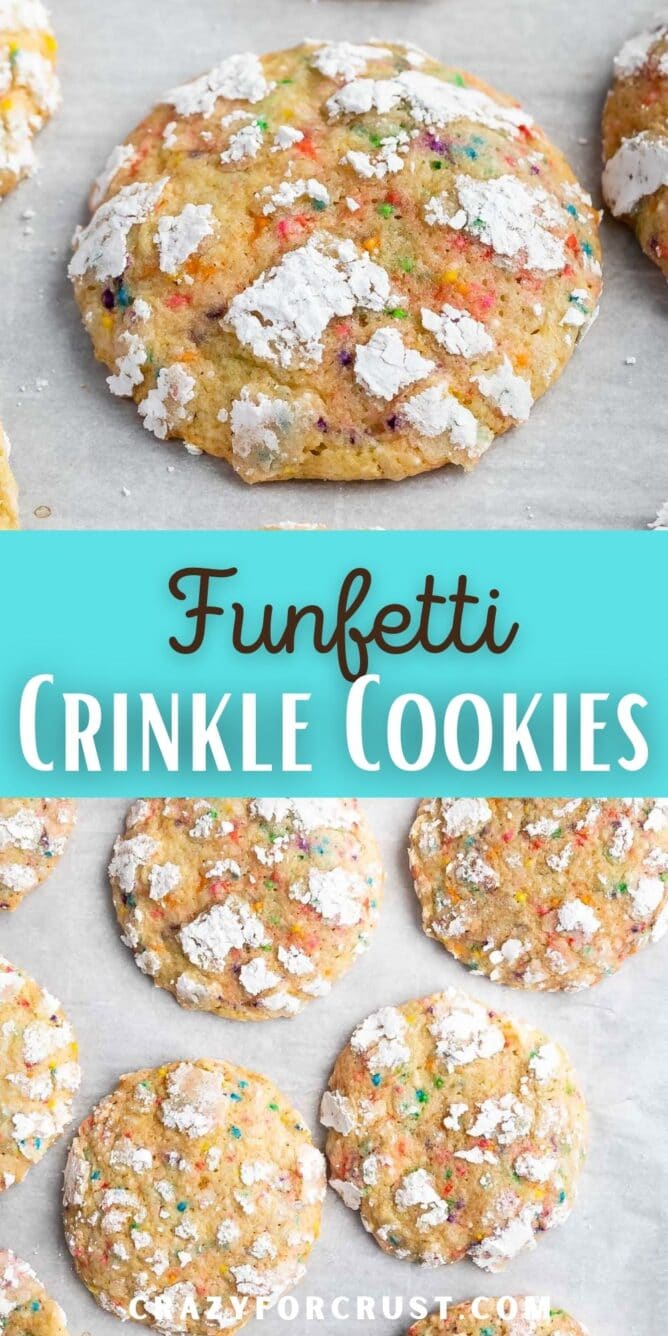 Photo collage of funfetti crinkle cookies with recipe title in the middle of two photos
