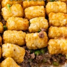 Hamburger tater tot casserole with corner piece missing and recipe title on top of image