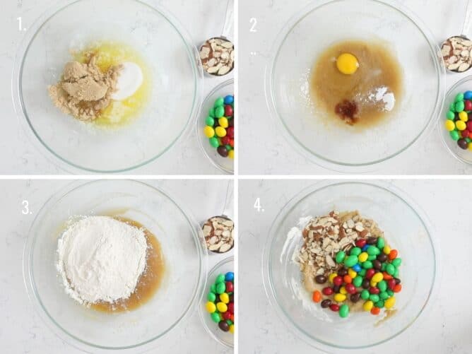 Four photos showing process of making almond chocolate chip cookie dough