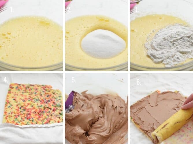 6 photos showing how to make cake roll