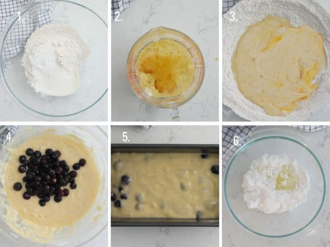 6 grid collage showing how to make lemon blueberry bread