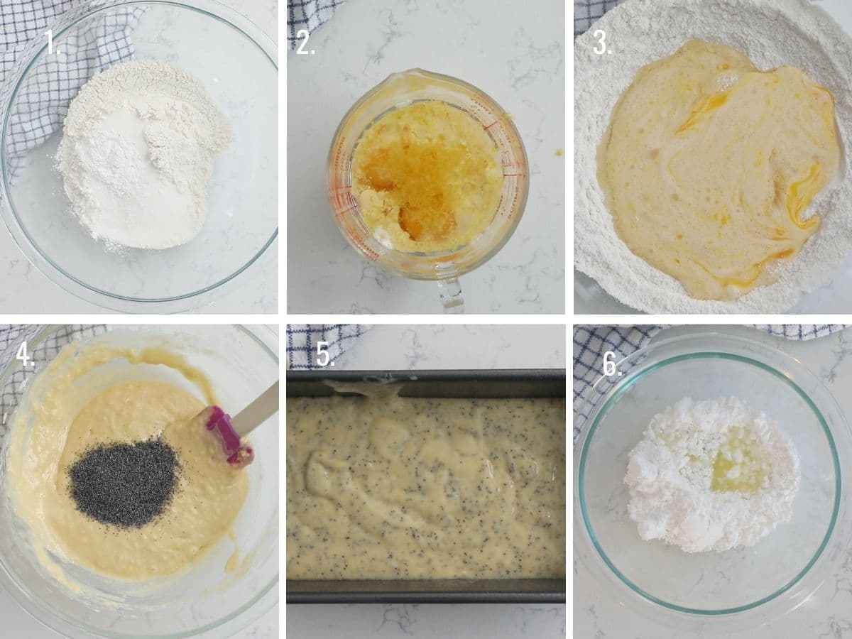 6 grid collage showing how to make lemon poppyseed bread