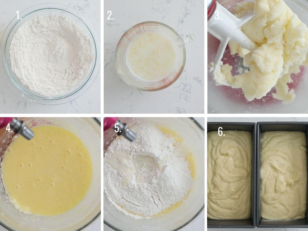 6 grid collage showing how to make lemon pound cake