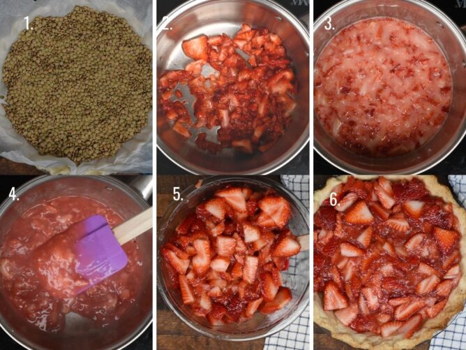 6 photos showing how to make strawberry pie